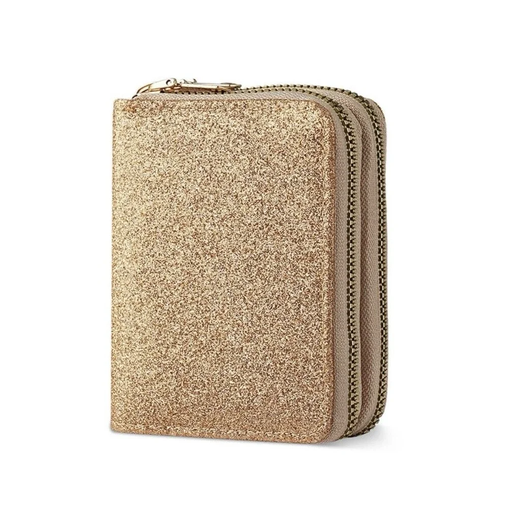 Womens Gold Glitter Wallet Double‎ Zipper Accordion Card Holder Coin Purse